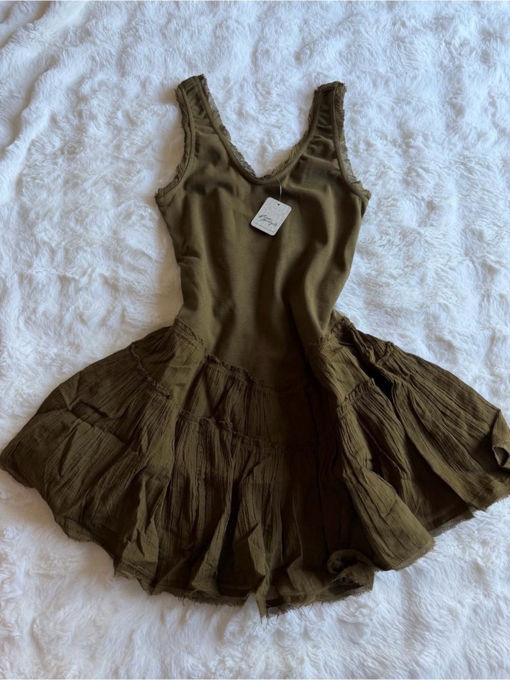 Free People Olive Green Mini Dress with Ruffled Hem